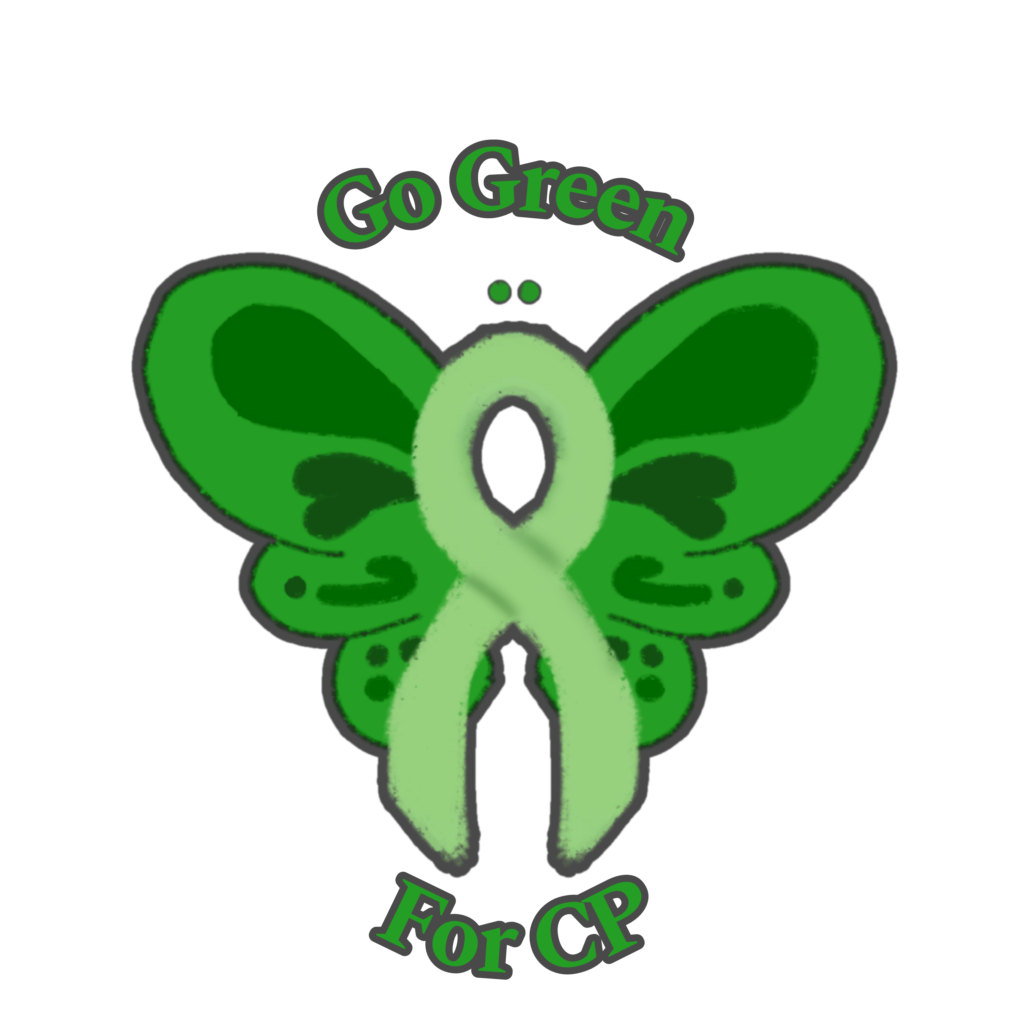 a green butterfly incorporating an awareness ribbon in its design, with the text Go Green For CP arched above and below the butterfly in green.